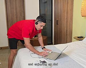 Stepson Max Betancur catches Monique Fuentes masturbating with his mics then fucks her cowgirl creampie