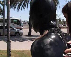 Blonde bound in latex endures outdoor domination and flashing