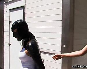 Blonde bound in latex endures outdoor domination and flashing