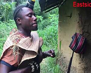 African forest queen bends over for hunter's big black cock outdoor pounding.