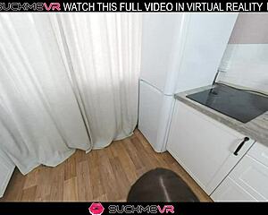 Frida's short brunette hair flies as she sucks then takes hard doggy VR pounding