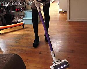 hey, watch this french maid in stockings and skirt vacuum the house while i peek up her sexy cosplay outfit