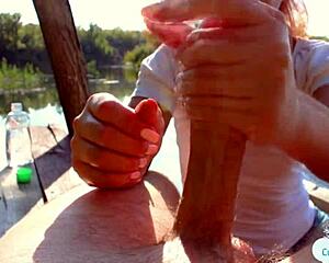 jerking off a stranger for cash right in public view!!