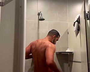 Gym shower flashes red thong panties close up