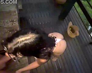 intense risky outdoor veranda fuck with young married teen ignoring watchers