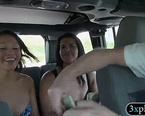 two busty brunettes flash huge tits outdoors then fuck for cash in public