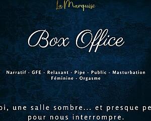 Box Office French Babe Gives Gentle Public Blowjob with Dirty Talk!