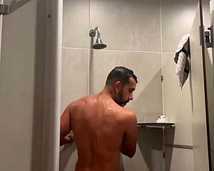 Gym shower flashes red thong panties close up