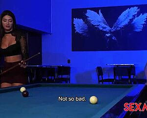 Sexmex hottie Salome Gil sucks pool stick then gets fucked by brunette Colombian with big tits at pool