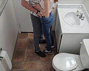 college student gets her tight pussy pounded bent over in school toilet