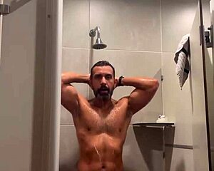 Gym shower flashes red thong panties close up