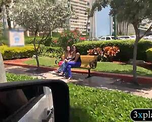 two busty brunettes flash huge tits outdoors then fuck for cash in public