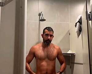 Gym shower flashes red thong panties close up