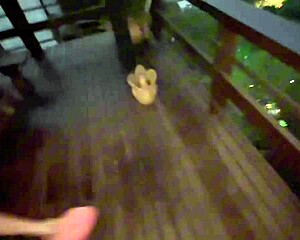 intense risky outdoor veranda fuck with young married teen ignoring watchers