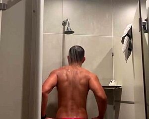 Gym shower flashes red thong panties close up