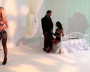 Three Sexy Babes In Latex Stockings Group Fucked Hard