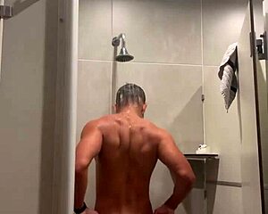 Gym shower flashes red thong panties close up