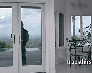 venus lux strokes her big cock bent over till she explodes in orgasm transthirst style