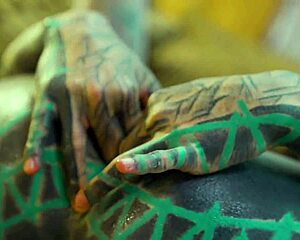 Tattoo petite slut in fishnets high heels gapes asshole with huge dildo solo