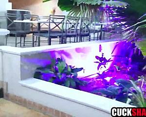 wife gets pounded by black and white monster cocks right in front of cuck hubby watching everything