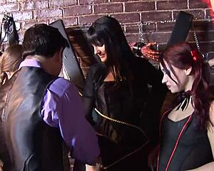 Dungeon orgy explodes with lingerie sluts riding cocks everywhere