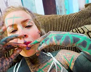 Tattoo petite slut in fishnets high heels gapes asshole with huge dildo solo