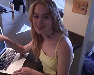 god blonde sage fox's juicy pussy lips swell as stepdad brogan creampies her deep in lingerie