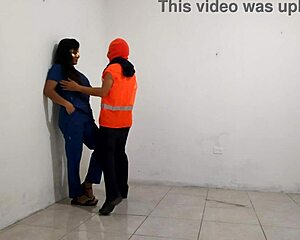 Filthy hospital nurse flirts with janitor sucks his cock with tons of saliva real porno action