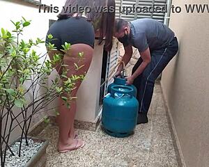 Married housewife TEASES gas DELIVERY guy before outdoor BLOWJOB and CUM swallow