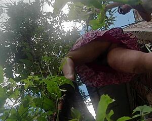 curvy latina wife upskirt flashes panties to lazy brother-in-law while hidden cam records tree pruning lesson