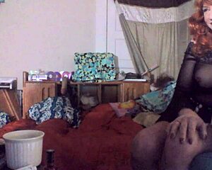 sexy red headed tranny ms head gulps down her entire 8 inch vibrating dildo deep