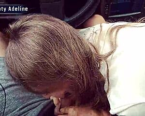 Naughty Adeline's sloppy car blowjob fills mouth with hot cum