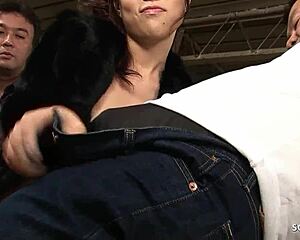 her perky big tits bounce as japanese milf gives double blowjob