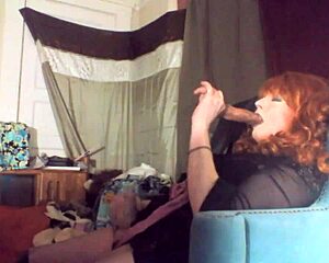 sexy red headed tranny ms head gulps down her entire 8 inch vibrating dildo deep