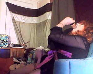 sexy red headed tranny ms head gulps down her entire 8 inch vibrating dildo deep