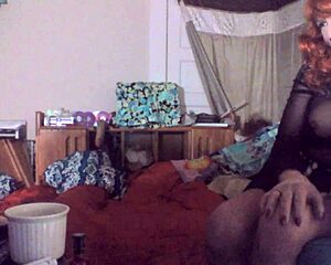 sexy red headed tranny ms head gulps down her entire 8 inch vibrating dildo deep