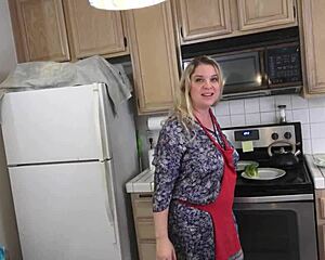 Hot milf milks stepson in kitchen before date, lactating tits squirting everywhere