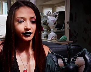 Goth teen 18+ bound and gagged chokes on cock in stepmom BDSM domination whipping session