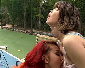 Two sexy cute big-titted girls skip tennis to lick pussies and moan wildly together