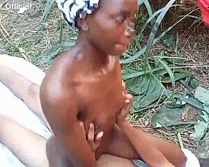 Fucking Hairy Ebony Housewife Baba White Bent Over Doggystyle in Bush with Small Tits Bouncing