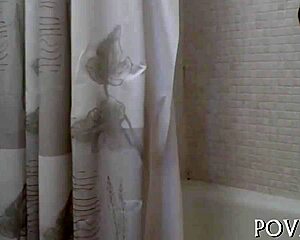 she drops to knees sucking shaved teen pussy on his cock pov