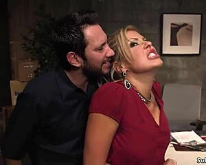 Busty blonde choked deepthroated in bondage