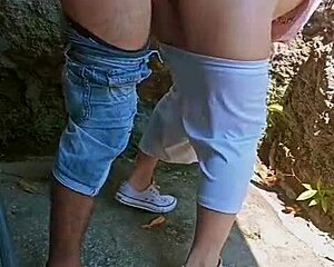 petite latina spreads tight pussy behind abandoned house, creampie drips