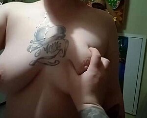 chubby tattooed wife gulps milk then deepthroats cock for huge facial cumshot close up