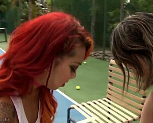 Two sexy cute big-titted girls skip tennis to lick pussies and moan wildly together