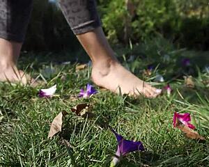 Teasing Toes Crush Delicate Flowers Barefoot On Country Ranch Grass?