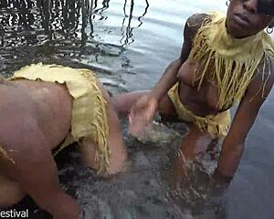 MY TWO ZULU WIVES BATHE NAKED IN VILLAGE WHICH TITS BETTER?