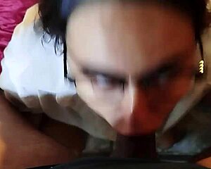 the nerdy brunette with big natural tits performs deep throat until cumshot on her face