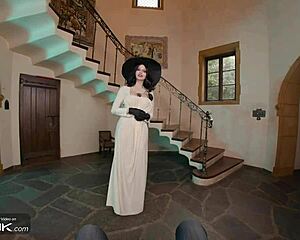 Busty brunette Lady Dimitrescu rides big cock cowgirl and masturbates in Resident Evil cosplay ranch parody VR