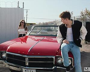 justine the fit milf hops on this young stud's cock right in his classic car ridin wild